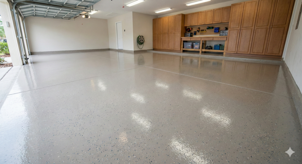 Professional epoxy garage floor coating in a two-car residential garage in Lutz, Florida