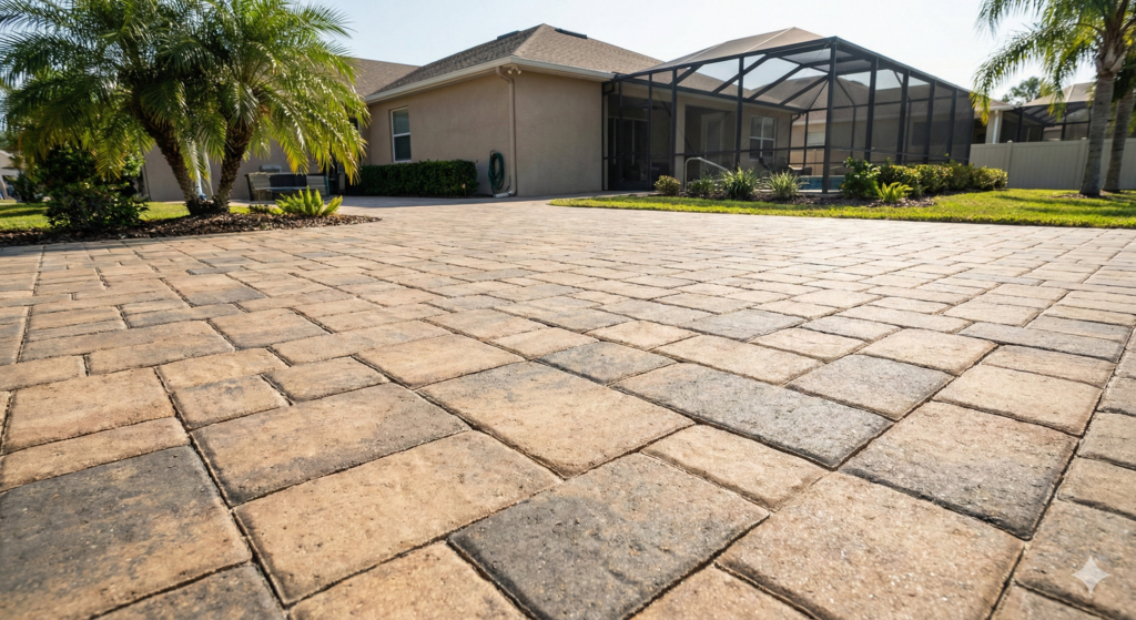 Professionally dyed concrete pavers restoring faded colour on a residential driveway in Lutz, Florida