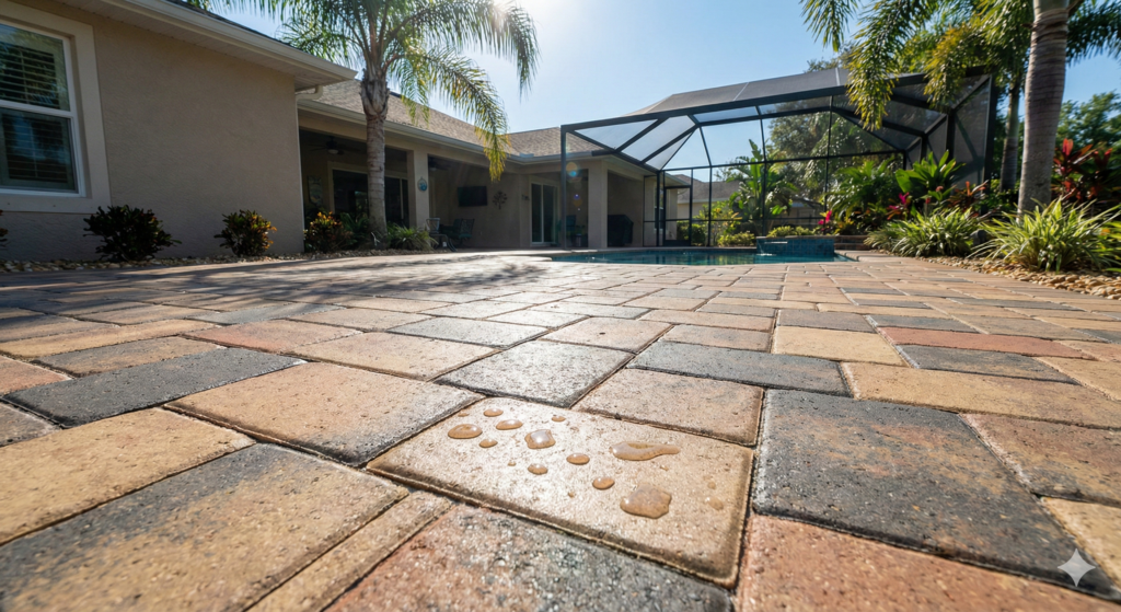 Professionally sealed concrete pavers on a residential driveway in Lutz, Florida with enhanced colour and joint stabilization
