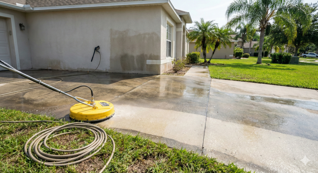 Professional pressure washing cleaning a residential driveway and house exterior in Lutz, Florida