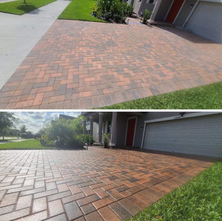 Before and after paver sealing on a brick paver driveway in Tampa Bay, with colour restored across the herringbone field