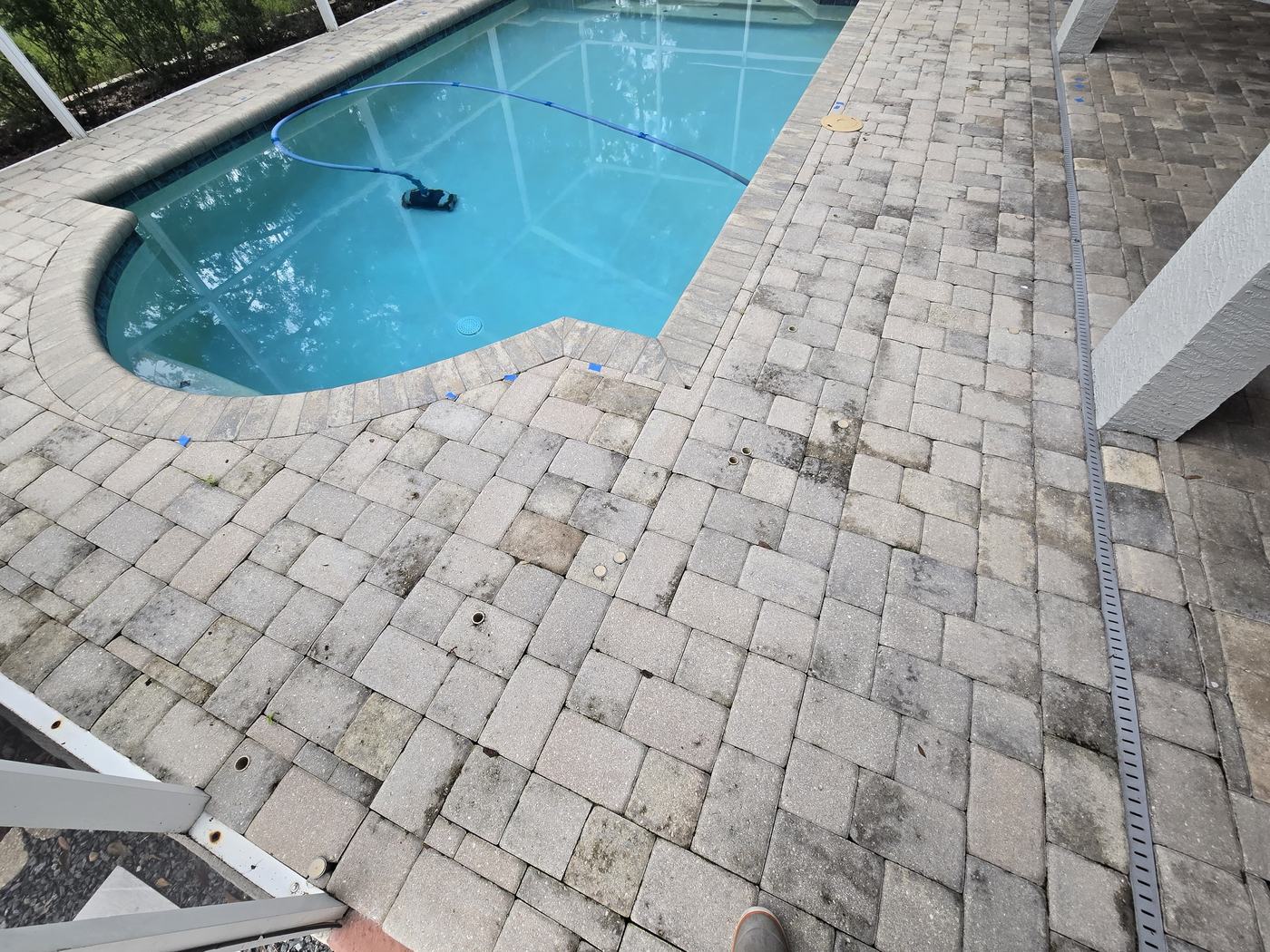 Dirty pool deck pavers before paver sealing in Tampa, FL, showing black mildew staining and faded color